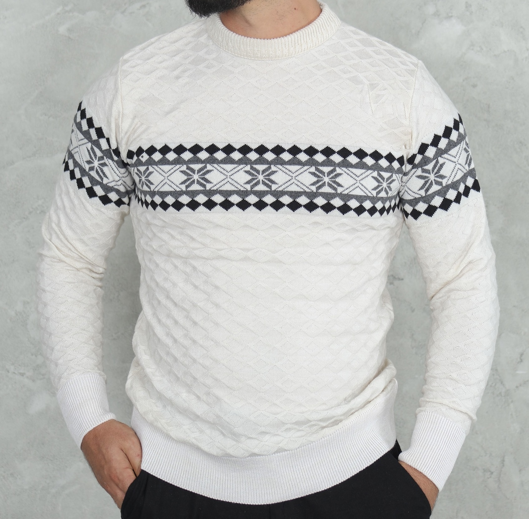 Pull Homme Col Rond Bande Jacquard