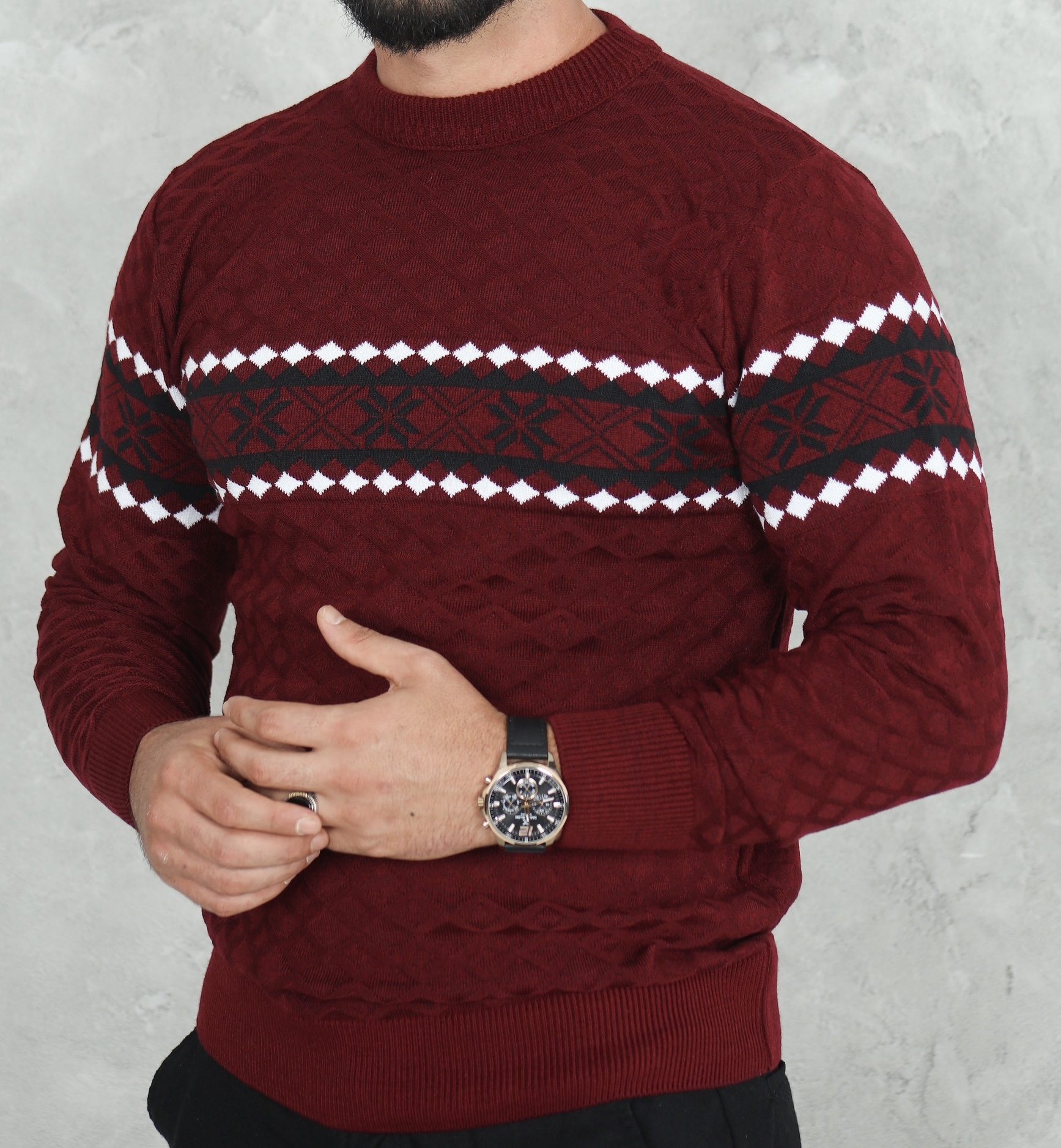 Pull Homme Col Rond Bande Jacquard
