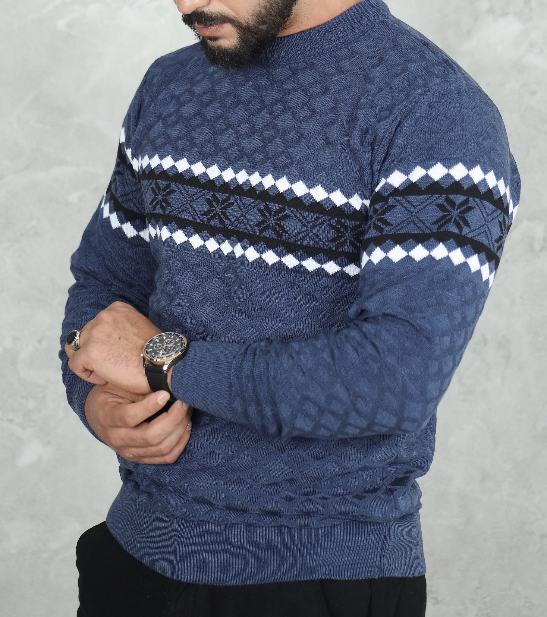 Pull Homme Col Rond Bande Jacquard